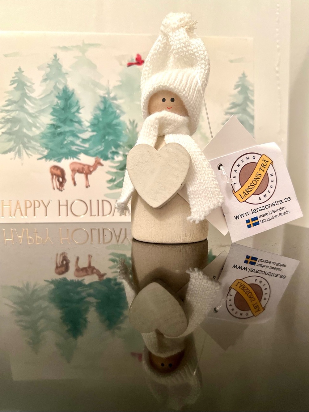 Larssons Tra White Gnome with White Heart Scandinavian Tomte Wood Figurine 3.5”